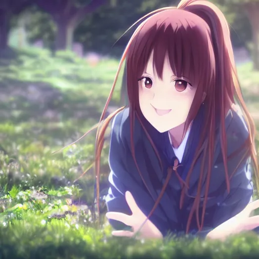 Image similar to photorealistic, a beautiful smiling anime girl with brown hair and high ponytail sitting under a tree, anime key visual, digital art, anime screenshot, kyoto animation, makoto shinkai, trending on pixiv