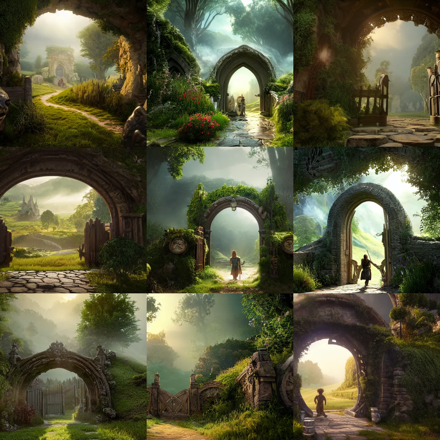 Prompt: entering the gates to the shire, intricate detail, volumetric lighting, epic composition, hyper detailed, ultra realistic, sharp focus, octane render, volumetric, ray tracing, sense of awe, swirling mist, 4 k