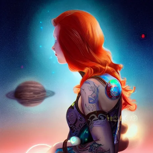 Prompt: side portrait of a beautiful tattoed redhead woman carrying a laser gun, a planet in the background. blue dress, light iridescent hair color, long windy hair style, fantasy, intricate, sharp focus, lens flare, bloom, rim light, illustration, highly detailed, digital painting, concept art, matte, art by ruan jia