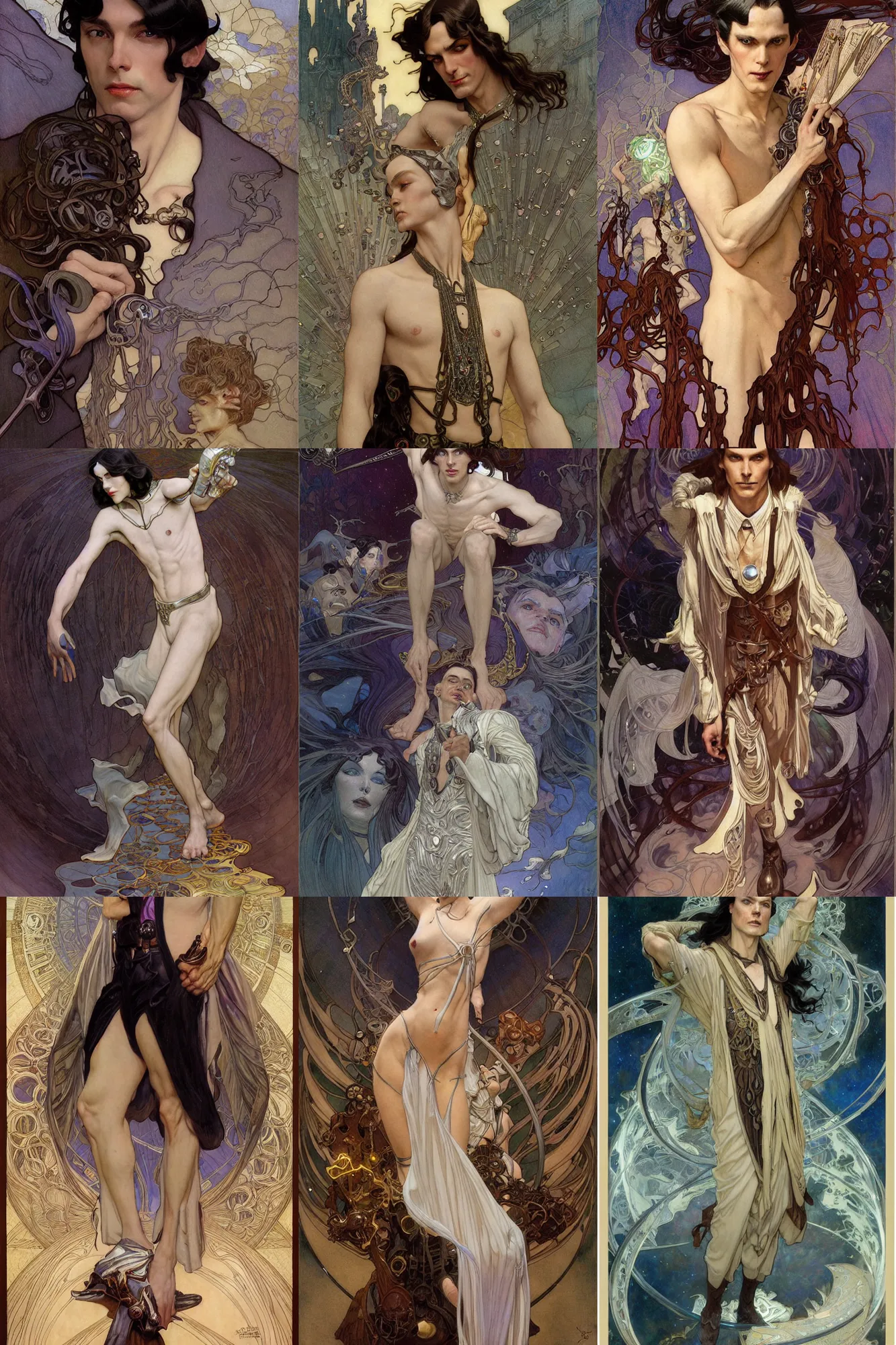 Prompt: thin male mage, long dark hair, silver, 1 9 2 0 s fashion, fantasy, art by joseph leyendecker, donato giancola, dean cornwell, peter mohrbacher, ruan jia, marc simonetti, ayami kojima, cedric peyravernay, alphonse mucha, thomas kinkade, victo ngai