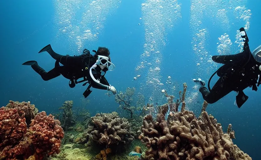 Prompt: scuba diver wearing a gasmask underwater