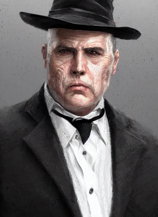 Image similar to a highly detailed illustration of 6 7 year - old clean - shaven chubby white man wearing black detective coat with necktie, heroic pose, strings background, intricate, elegant, highly detailed, centered, digital painting, artstation, concept art, smooth, sharp focus, league of legends concept art, wlop.