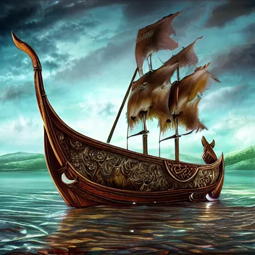 Image similar to fantasy art hyper realistic ai created interesting bizarre viking boat fantastic art award winning best ultra detailed magnificent