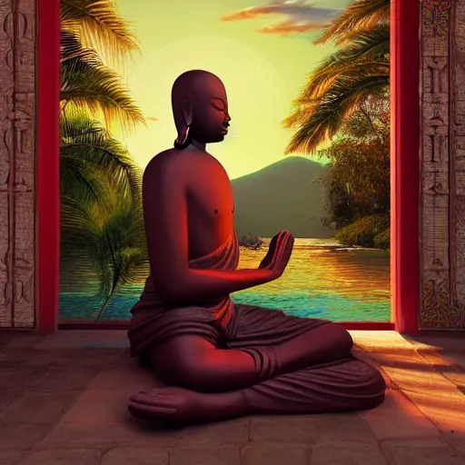 Image similar to contented peaceful haitian!! buddha, praying meditating, in a scenic environment, detailed, golden hour, realism, artstation trending, digital art