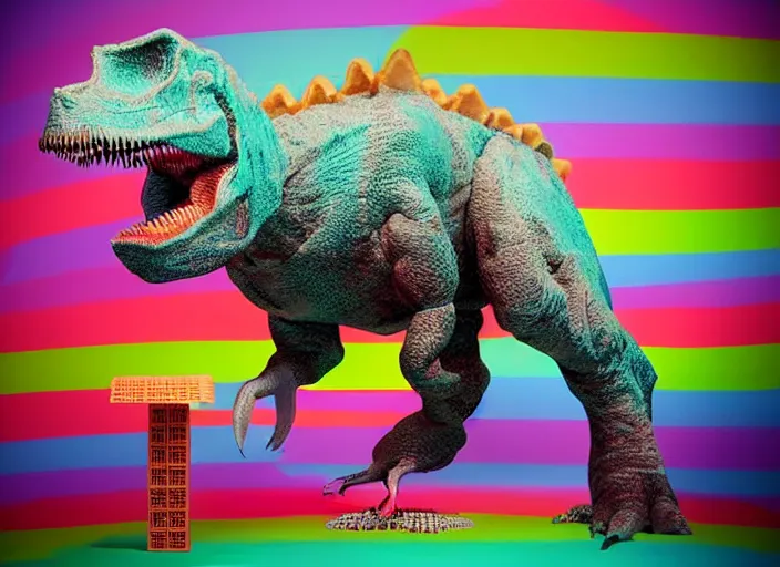 Prompt: a dinosaur made out of waffles barbecuing chewing gum. in a room with neon rainbow color drapes. outside the window a anachronism noir future.