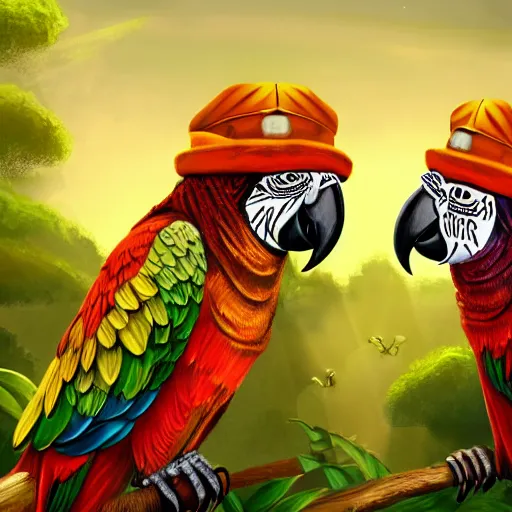 Image similar to parrots dressed in golden rings, necklaces and with caps on head, rapping and sitting on golden trees, rap scene, jungle concept art, trending on artstation, highly detailed, digital art, 8 k