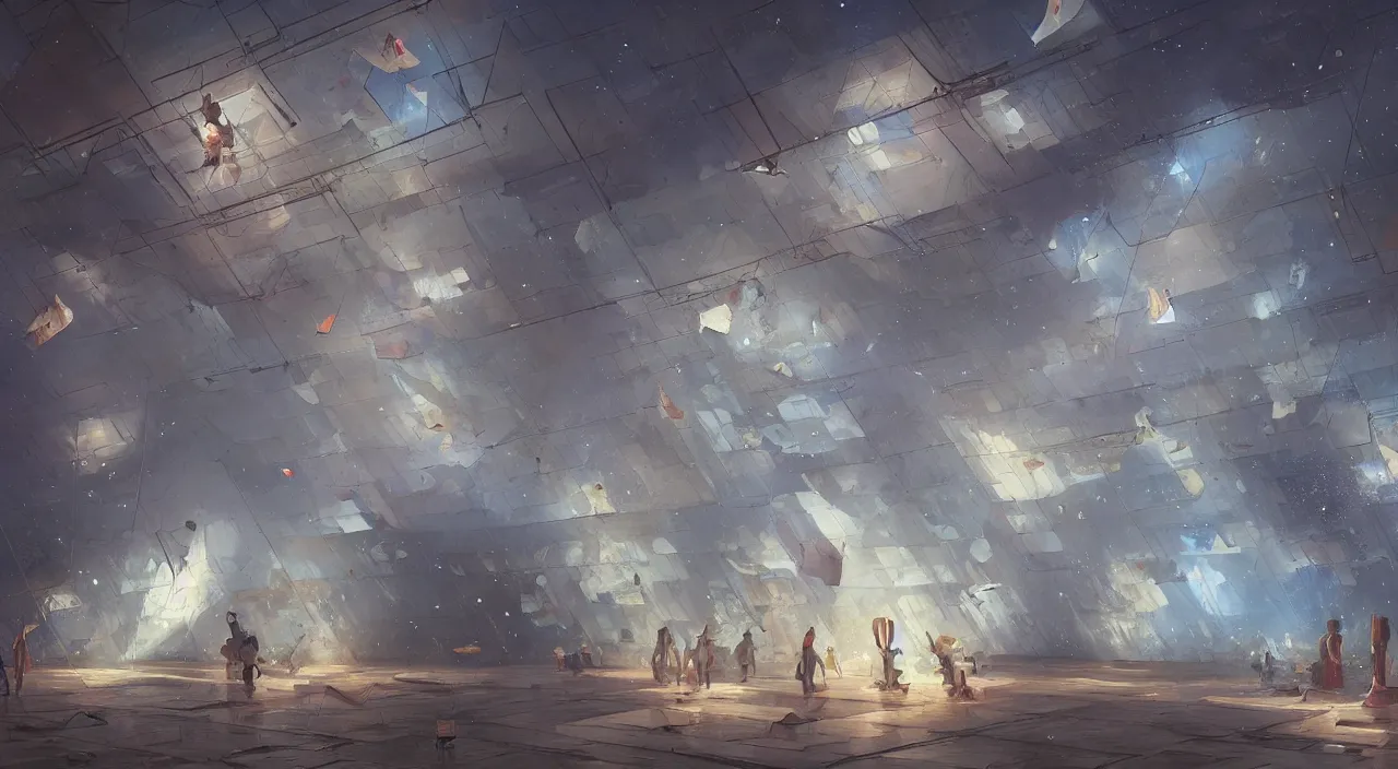 Image similar to tarps hanging from the ceiling making art and hexagons in space being caught with large walls coming from the ground in a museum, painters, magnificent, close up, details, sharp focus, elegant, highly detailed, illustration, by Jordan Grimmer and greg rutkowski and PiNe(パイネ) and 薯子Imoko and 香川悠作 and wlop and maya takamura, intricate, beautiful, Trending artstation, pixiv, digital Art