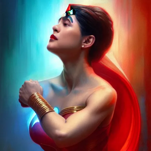 Image similar to leni robredo as darna, volumetric lights, red and cyan theme, art nouveau botanicals, intricate, highly detailed, digital painting, artstation, concept art, smooth, sharp focus, cinematic, illustration, beautiful face, art by artgerm and greg rutkowski and alphonse mucha