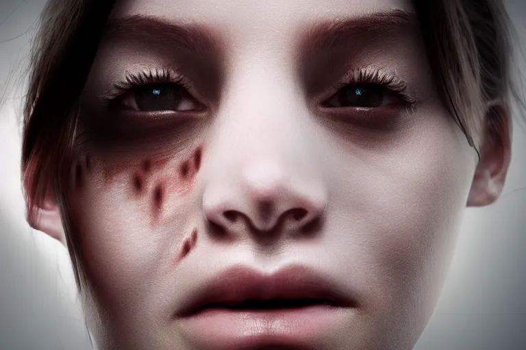 Image similar to a realistic portrait of a woman with scars on the face, volumetric lighting