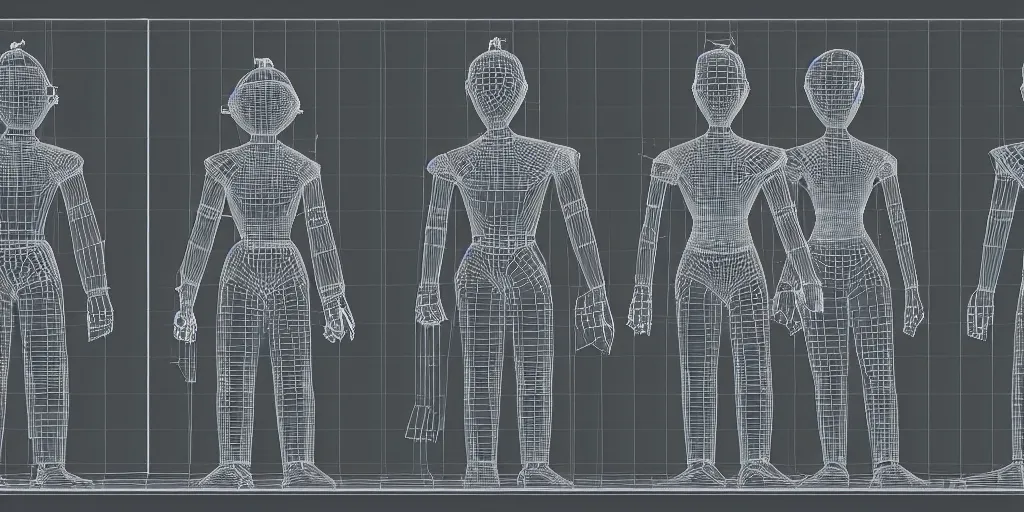 Image similar to highly detailed schematic, technical drawing, orthographic view, 3d wireframe, Japanese robot geisha, split 4 view, blender screenshot