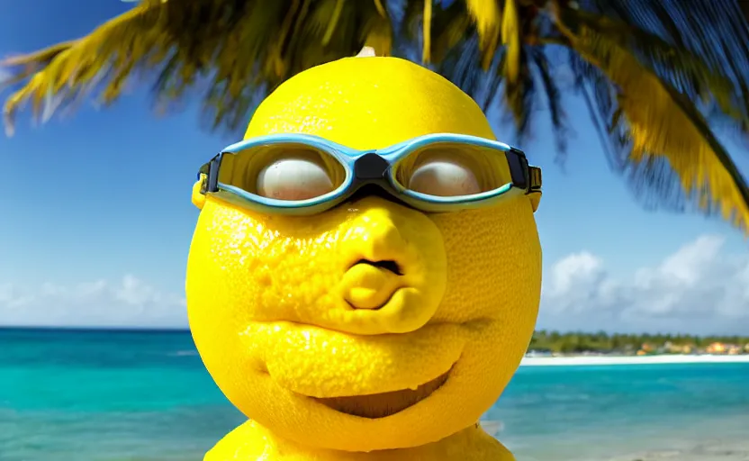 Image similar to 5 0 mm photograph, of a real anthropomorphic lemon character, with lemon skin texture, it is wearing a hat and scuba diving, building a sandcastle on the beach at sunset, beach, huge waves, sun, clouds, tropical trees, rim light, cinematic photography, professional, sand, sandcastle, volumetric lightening