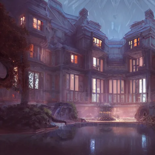 Image similar to futuristic old manor, crisp, artstation, luxury, beautiful, dim painterly lighting aquatic, 3 d concept art