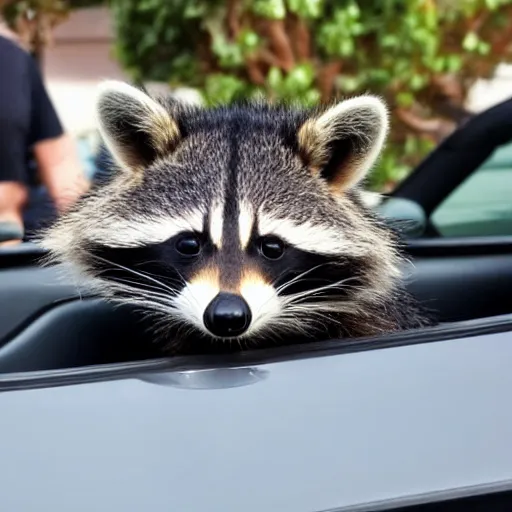 Prompt: a raccoon driving a convertible with the top down in las angeles