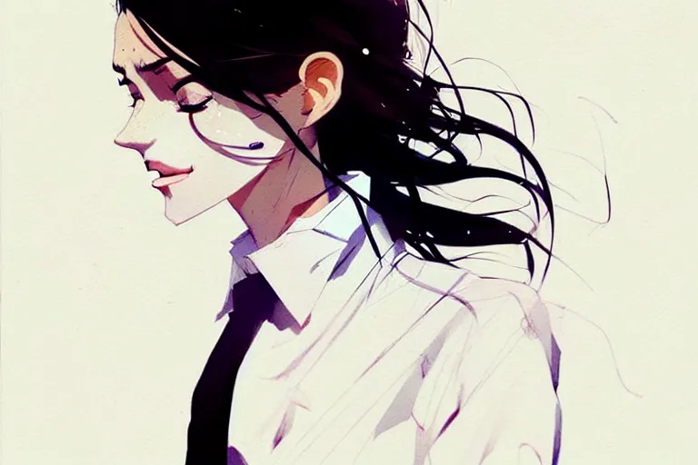 Image similar to a ultradetailed full body portrait of a woman dressed in a white shirt with a tie, by conrad roset, greg rutkowski and makoto shinkai trending on artstation