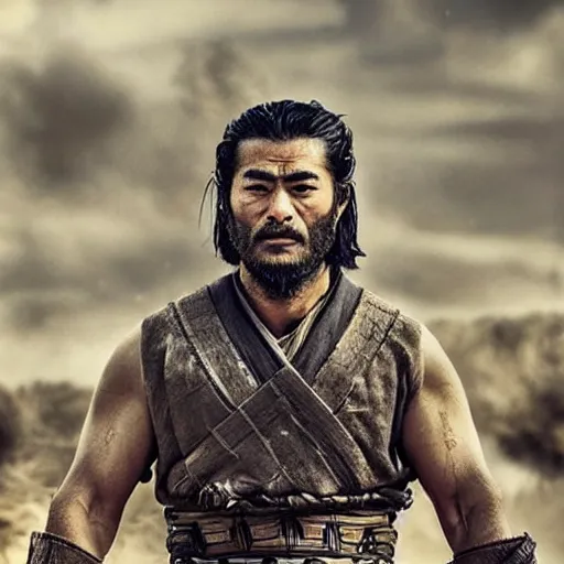 Image similar to handsome and strong! kurdish! samurai in a movie directed by christopher nolan, movie still frame, promotional image, imax 7 0 mm footage, perfect symmetrical facial features