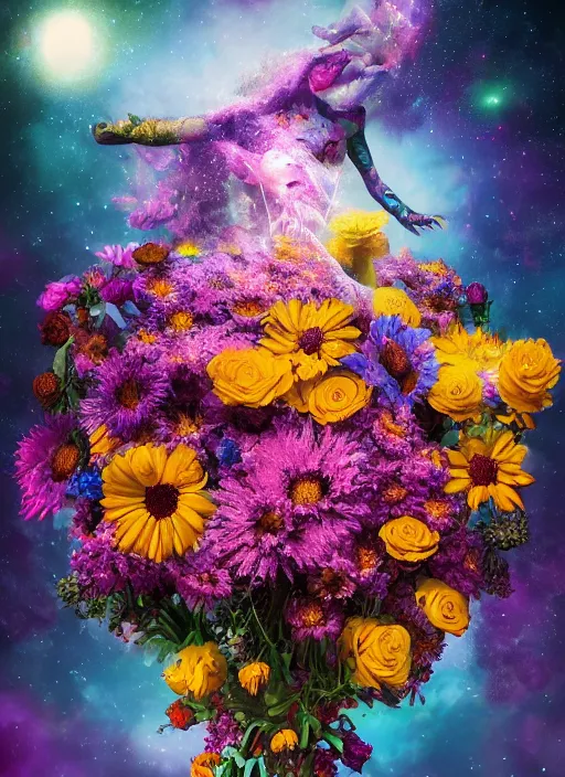 Image similar to An epic fantastic realism comic book style painting of the most beautiful flowers launched across the dark and starry cosmos, bouquets, fisheye lens, unreal 5, DAZ, hyperrealistic, octane render, dynamic lighting