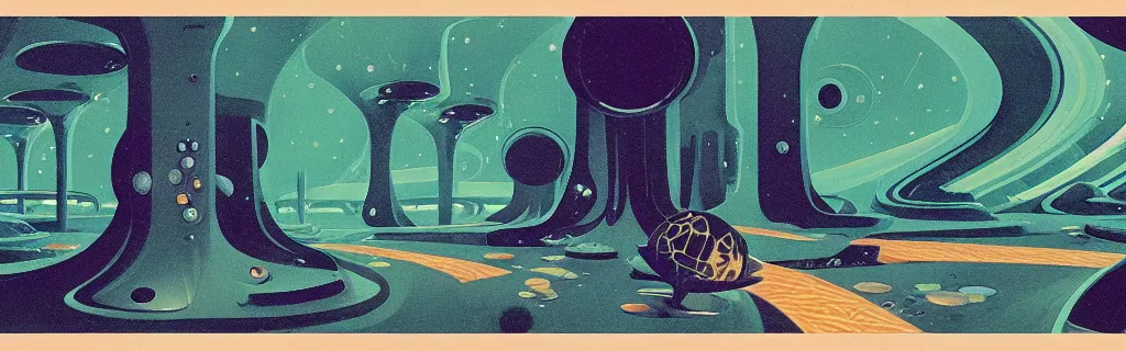 Image similar to 7 0 s sci - fi space station interior, retrofuturism, gouache, trees, animated film, stylised, illustration, by eyvind earle, scott wills, genndy tartakovski