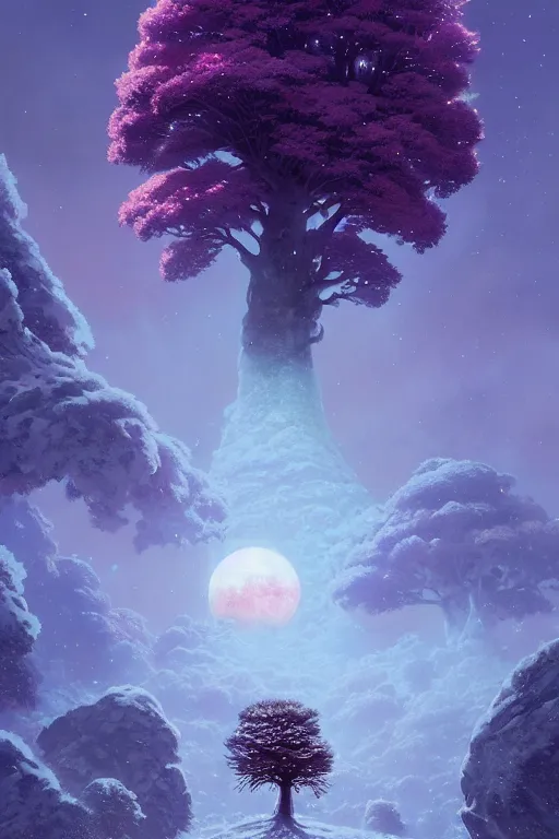 Image similar to giant tree in snow with purple flowers on the moon, unreal engine, fantasy art by greg rutkowski, loish, rhads, ferdinand knab, makoto shinkai and lois van baarle, ilya kuvshinov, rossdraws, tom bagshaw, global illumination, radiant light, detailed and intricate environment