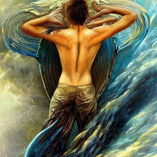 Image similar to beautiful painting by karol bak of a fourteen year old boy with and enormous mechanical wing strapped to his back, standing on the back of a boat in a storm, his arms spread. ready to fly, icarus, winged boy, young teen, rain, clouds, waves, splash,