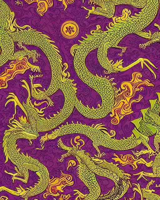 Prompt: an ornate dragon dancing repeating versace pattern, digital art, illustrated by james gurney and victo ngai