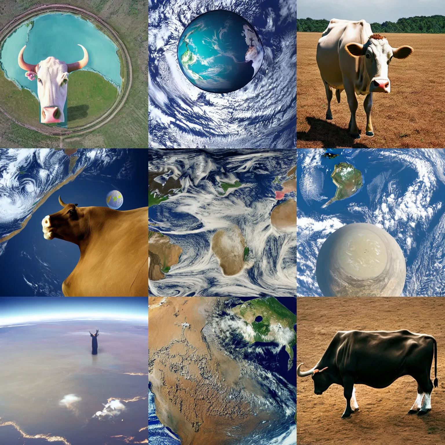 Prompt: A colossal cow stands on the Earth, photo of Earth from space, surrealist, enormous cow