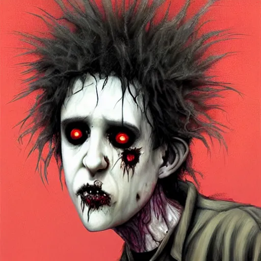 Image similar to young and skinny robert smith as a zombie feeling shy with fluffy big hair, 7 days to die zombie, fine art, award winning, intricate, soft light from the side, elegant, sharp focus, cinematic lighting, highly detailed, digital painting, 8 k concept art, art by z. w. gu, art by brom, art by michael hussar, masterpiece, 8 k