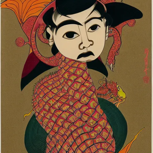 Prompt: ordered by yasuo kuniyoshi, by audrey kawasaki. a conceptual art of a young boy disguised as a dragon. the boy is shown wearing a costume with dragon - like features, including a long tail, wings, & horns. he has a large grin on his face, suggesting that he is enjoying his disguise.