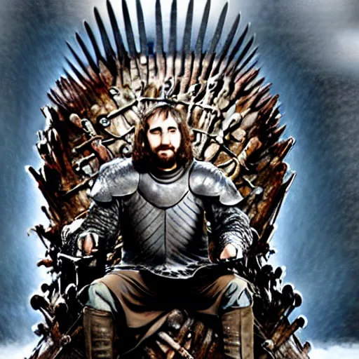 Image similar to king john oliver wearing armor sitting on the iron throne of westeros