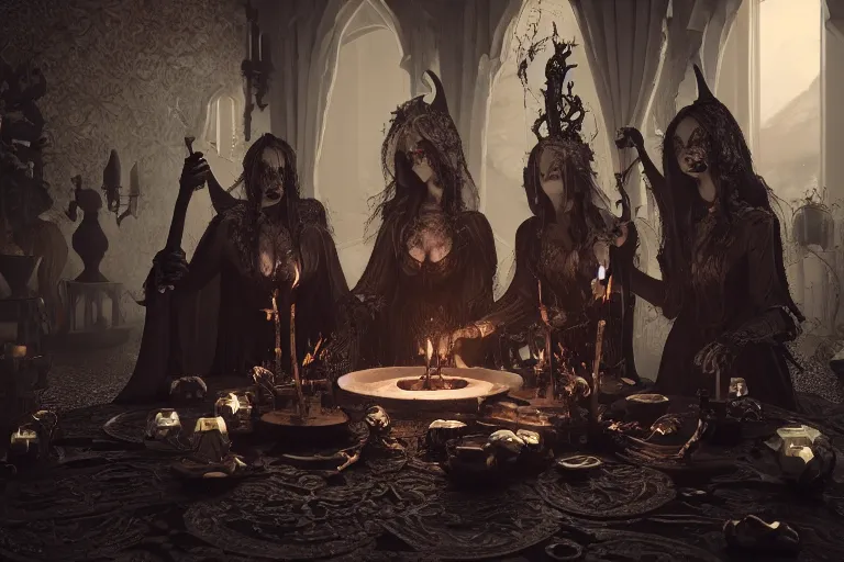 Image similar to dark witches doing a ritual. Ornate details, award winning, Octane render, 4k, 8k, unreal 5, very detailed, hyper control-realism, trending on artstation.”