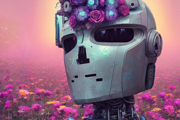 Prompt: a digital painting of a robot with flowers, cyberpunk art by Mike Winkelmann, cgsociety, panfuturism, made of flowers, dystopian art, vaporwave