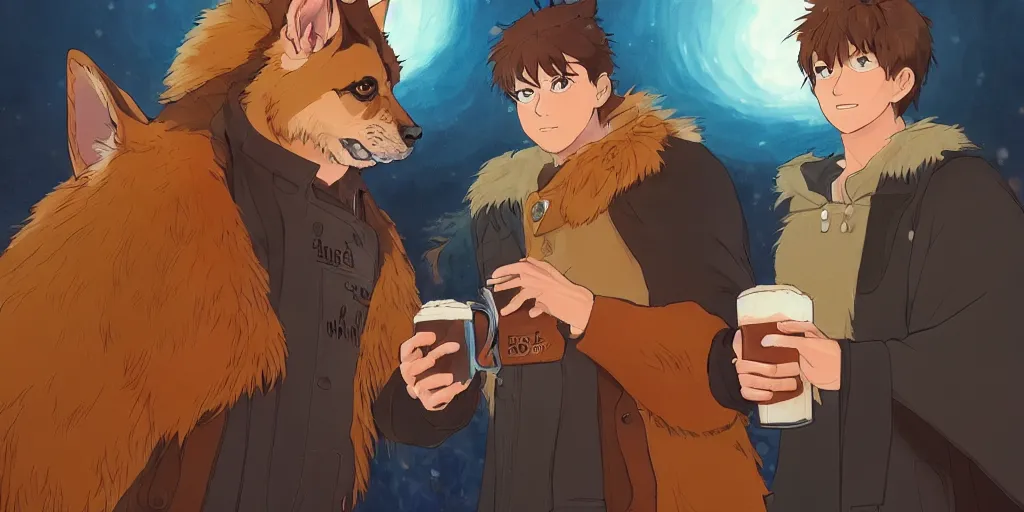 Image similar to a two german shepherds beast - men, holding a mug of beer, a lot of pockets, fur cape, tavern background, magical, bright, colorful, fantastic lighting, amazing details, 4 k uhd, illustration by hayao miyazaki and makoto shinkai and ilya kuvshinov, artstation, pixiv,