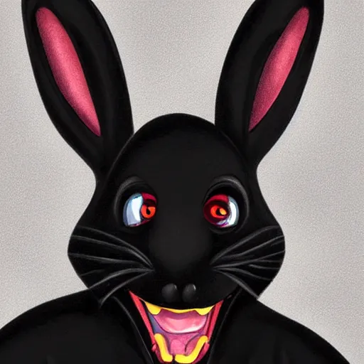 Image similar to A extremely highly detailed majestic hi-res beautiful, highly detailed head and shoulders portrait of a scary terrifying, horrifying, creepy black cartoon rabbit with scary big eyes, earing a shirt laughing, hey buddy, let's be friends, in the art style of Walt Disney