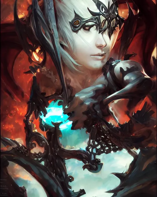 Image similar to portrait of a demon knight!! splash art!!! guilty gear strive! concept art!!! artbook!!! by stanley artgerm lau, wlop, rossdraws, james jean, andrei riabovitchev, marc simonetti, and sakimichan, pixiv, trending on artstation!! c 1 4. 6