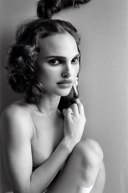 Image similar to 23 year old natalie portman making stupid faces, dressed like a clown from the 40s, loose messy hair , thoughtful eyes, wearing a thin white skimpy cotton camisole, pale skin, poised beautiful body, symmetrical face, zen aesthetic, interior design, amber and blue color scheme, sophisticated, pensive, contemplation, meditation, aloof, ethereal, realistic painting