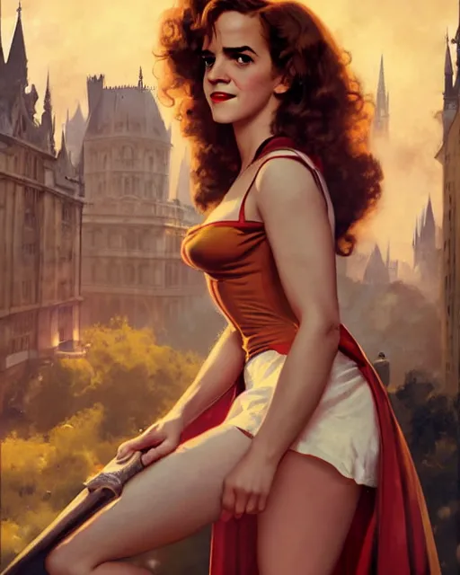 Image similar to pinup photo of hermione granger by emma watson in the crowded square of the city, by greg rutkowski, gil elvgren, enoch bolles, kezie demessance, glossy skin, pearlescent, very coherent, very detailed