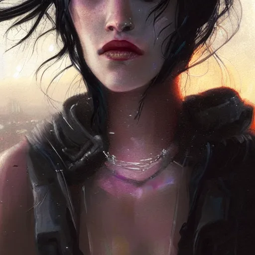 Prompt: molly millions, closeup portrait of a young beautiful cyberpunk woman, white eyes, black hair in a rough shag, sunset, neuromancer, street samurai, cyberpunk city background, megacity, gorgeous view, depth, painted by seb mckinnon, high detail, digital art, painted by greg rutkowski, trending on artstation