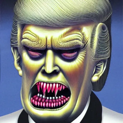 Image similar to alien donald trump, sharp teeth, by h. r. giger, nightmare fuel, nightmarish, intricate, highly detailed, optical illusion, president donald trump