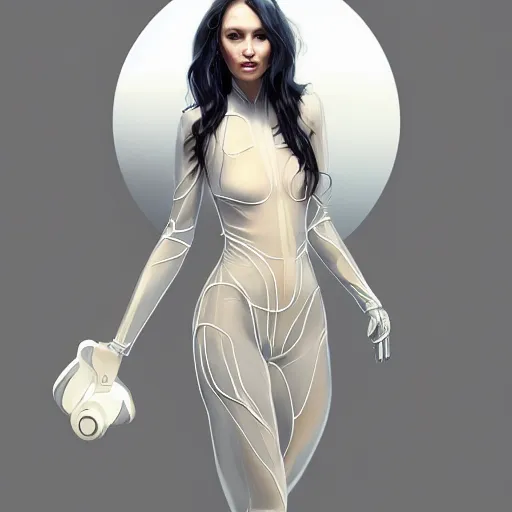 Prompt: full body portrait of a beautiful woman with a perfect face and body wearing a transparent plastic skin tight jumpsuit with circular cutouts, highly detailed, digital painting, artstation, cgscoiety, cinematic, intricate, smooth, sharp focus, illustration, Unreal Engine 5, concept art, 8K, art by Westworld and Esao Andrews.