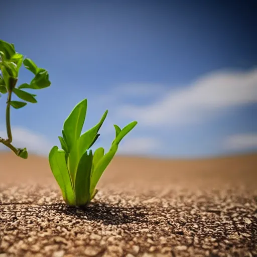 Prompt: a single sprout grows in a barren desert, low angle 8k HD nature photo