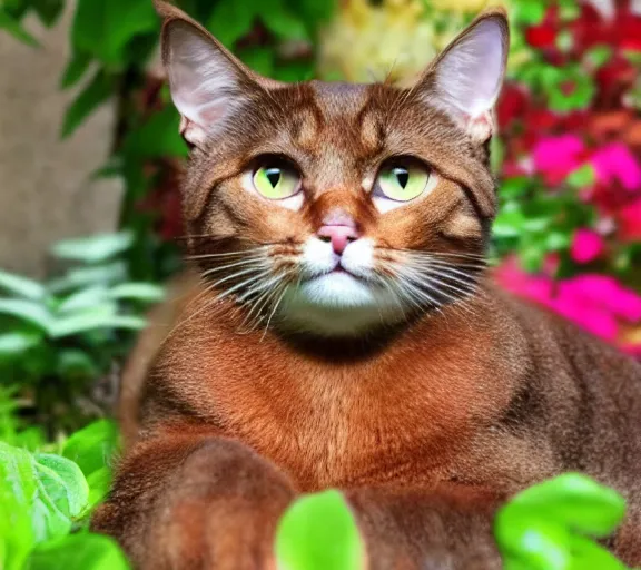 Image similar to photo - realistic picture of a brown cat in a garden.