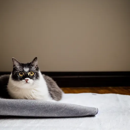 Image similar to a sadcat laying under a blanket, canon eos r 3, f / 1. 4, iso 2 0 0, 1 / 1 6 0 s, 8 k, raw, unedited, symmetrical balance, in - frame