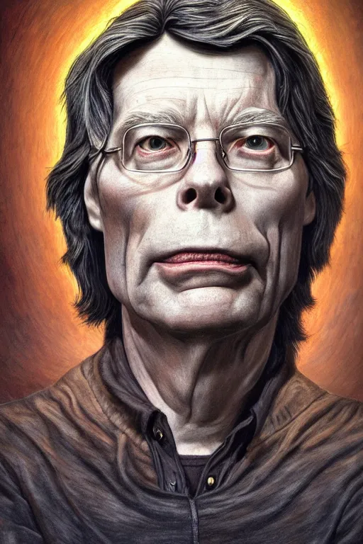 Prompt: highly detailed portrait of stephen king by alex grey, patrick woodroffe, mark ryden created by gustave dore and greg rutkowski, high detailed, smooth draw, synthwave neon retro, intricate, realistic proportions, dramatic lighting, trending on artstation