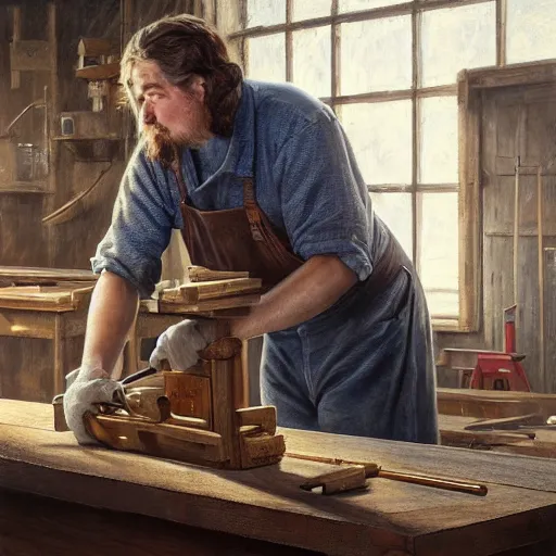 Image similar to highly detailed oil painting | very intricate | cinematic lighting | award - winning | sabrina carpenter as a simple carpenter fine craftsman | building a wooden table in their well organized clean workshop | beautiful cinematic light, american romanticism, by huang guangjian, gil elvgren, ruan jia, randy vargas, greg rutkowski, artstation, cgsociety, official art, octane