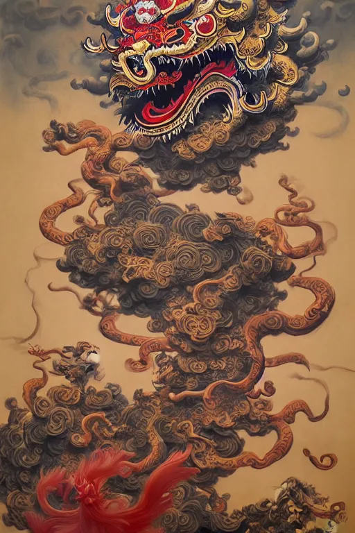 Prompt: chinese lion dance, wisdom, scrolls + rococo + baroque + magic + intricate details + heraldic design + atmosphere + designed by peter mohrbacher and kentaro miura + high details in jean delville style, art station, 8 k