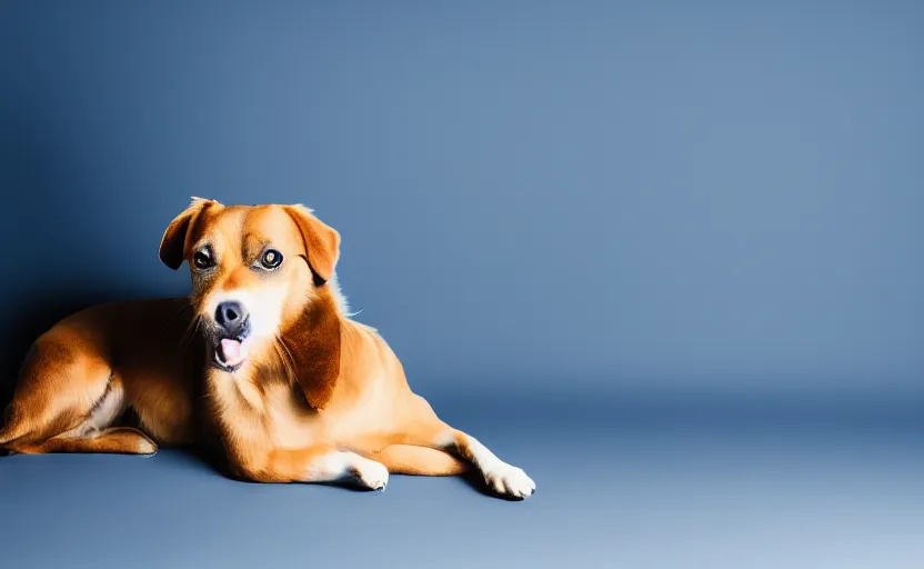 Prompt: studio photography portrait of a dog on dark blue background, rim light, beautiful lighting, 8 k