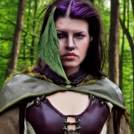 Image similar to anya charlota as a medieval fantasy wood elf, dark purplish hair tucked behind ears, wearing a green tunic with a fur lined collar and brown leather armor, stocky, muscular build, scar across nose, one black, scaled arm, cinematic, character art, digital art, forest background, realistic. 4 k