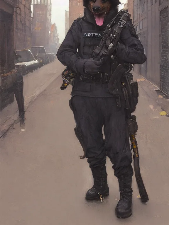 Image similar to new york city portrait of furry anthro anthropomorphic german shepard head animal person fursona wearing clothes nypd traditional police uniform in the alley, sunny day, digital art by Nerdrum John, William Waterhouse, Winslow Homer, Alex Heywood, Jordan Grimmer, Darren Quach, Greg Rutkowski, Simon Stalenhag, trending on Artstation, CGSociety