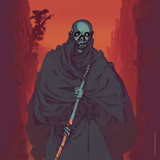 Image similar to undead monk 2d illustration by Feng Zhu and Loish and Laurie Greasley, Victo Ngai, Andreas Rocha, John Harris, artstation, sharp focus