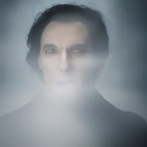 Prompt: a still of a real vampire face, studio lighting, 4 k, god rays through fog. cinematic