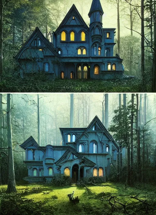 Image similar to hyper realistic witchy modern gothic house with mood lighting and tech in the woods gorgeous lighting, sunbeams blue sky, highly detailed, lush forest foliage painting by zdzisław beksinski and norman rockwell and greg rutkowski weta studio, and lucasfilm